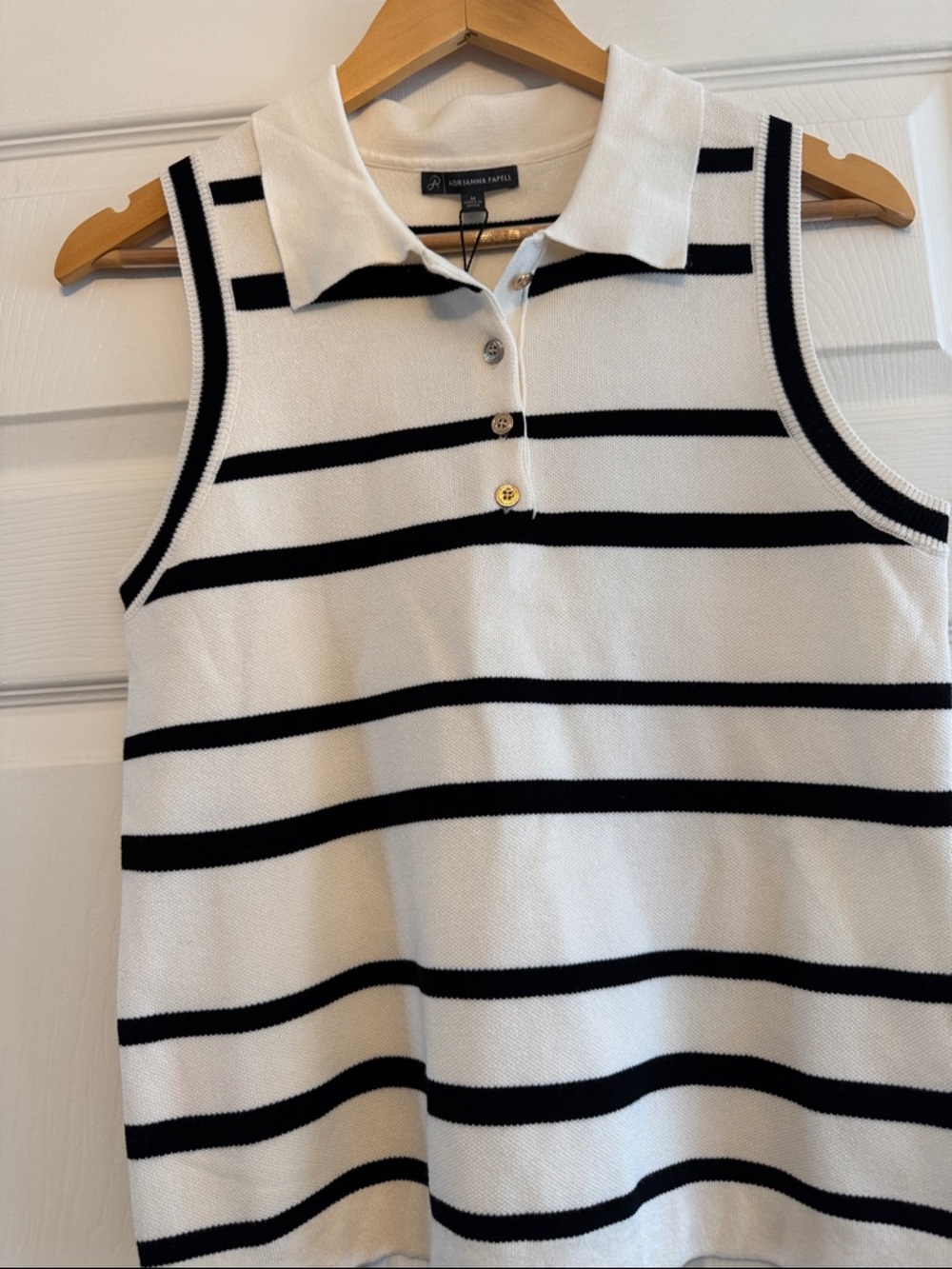 Adrianna Papell knit Black & White Striped Sleeveless Polo Tank with gold button